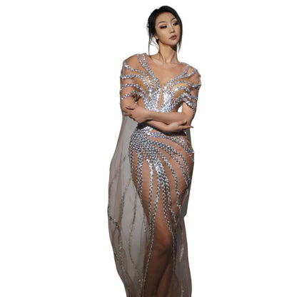 Dongmai  Perspective Silver Glitter Sequin Evening Prom Dress