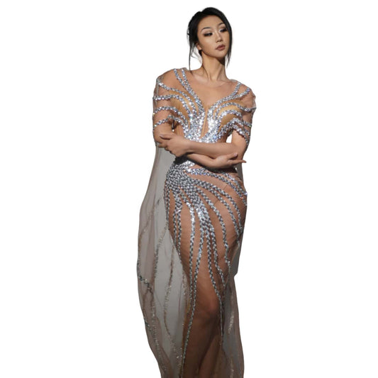 Dongmai  Perspective Silver Glitter Sequin Evening Prom Dress