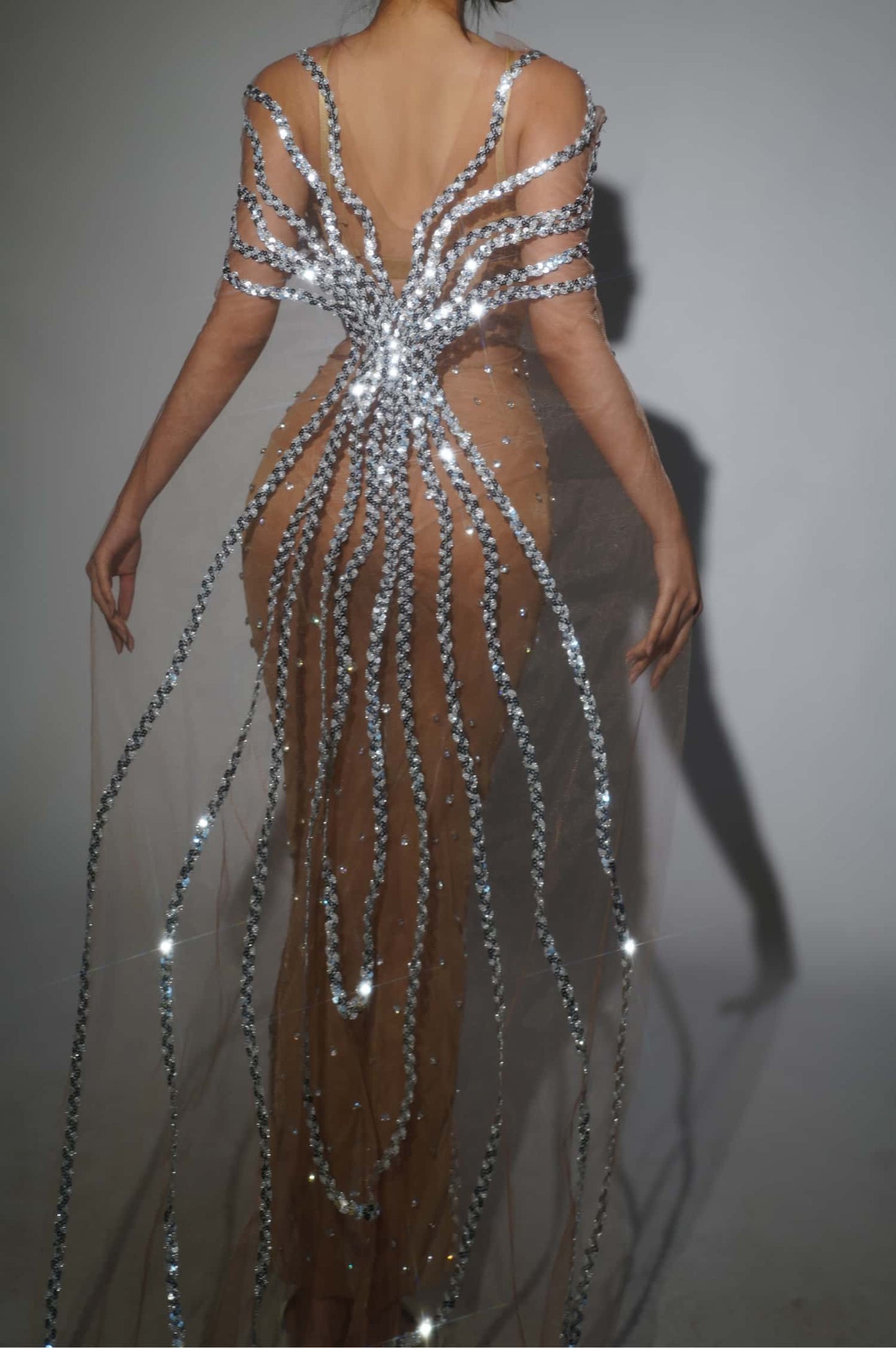 Dongmai  Perspective Silver Glitter Sequin Evening Prom Dress