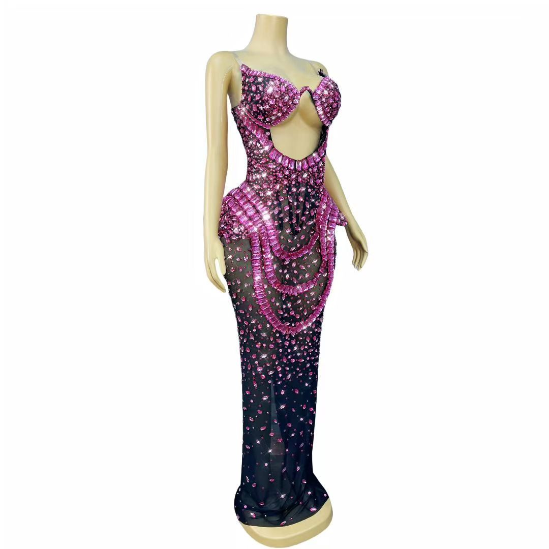 Hongguan Hollow-out Rose Red Diamonds Long Prom Dresses