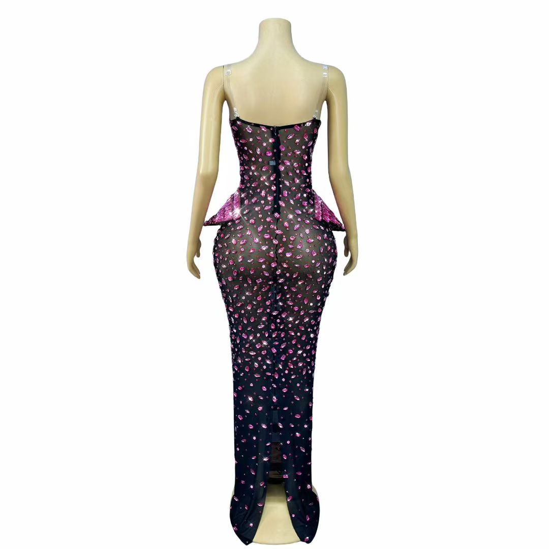 Hongguan Hollow-out Rose Red Diamonds Long Prom Dresses
