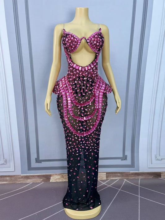 Hongguan Hollow-out Rose Red Diamonds Long Prom Dresses