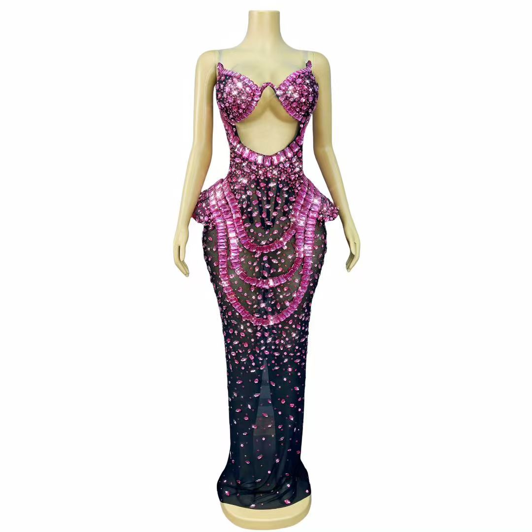 Hongguan Hollow-out Rose Red Diamonds Long Prom Dresses