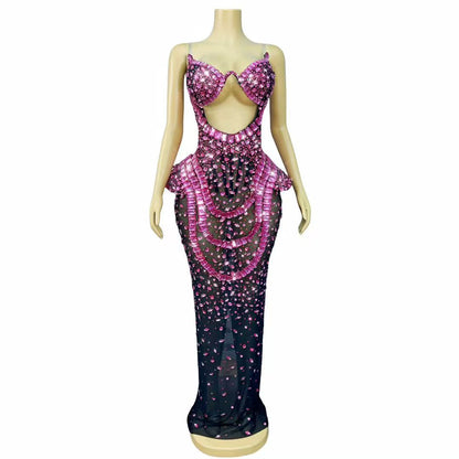 Hongguan Hollow-out Rose Red Diamonds Long Prom Dresses