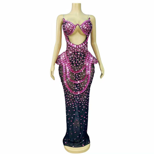 Hongguan Hollow-out Rose Red Diamonds Long Prom Dresses