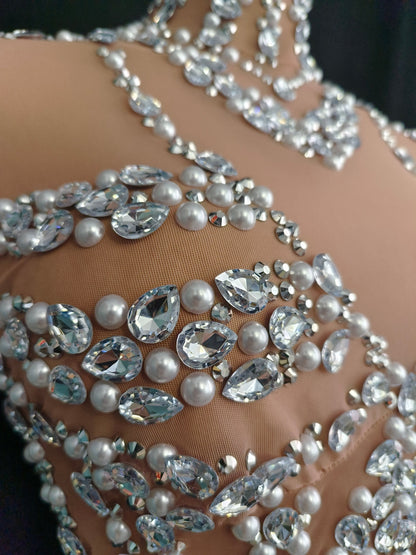 Maozhua White Lace Sleeve Diamonds Pearls Prom Dresses