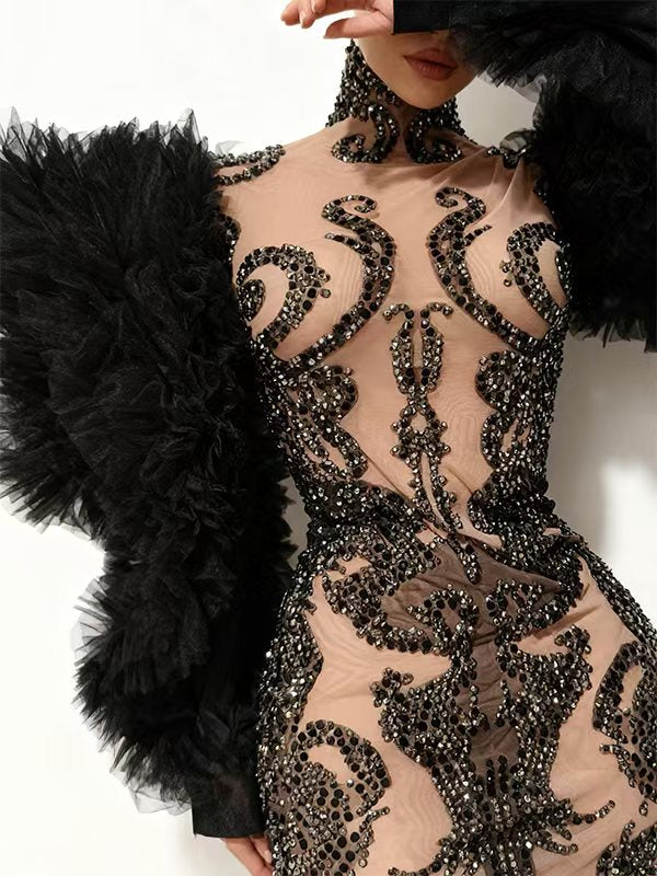 Monv Black Big Lace Sleeved Rhinestone Dress