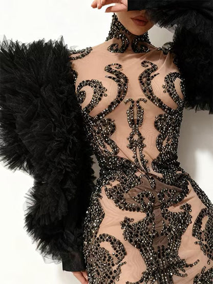 Monv Black Big Lace Sleeved Rhinestone Dress