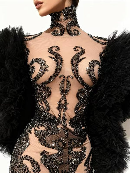 Monv Black Big Lace Sleeved Rhinestone Dress