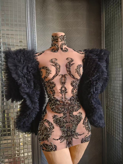 Monv Black Big Lace Sleeved Rhinestone Dress