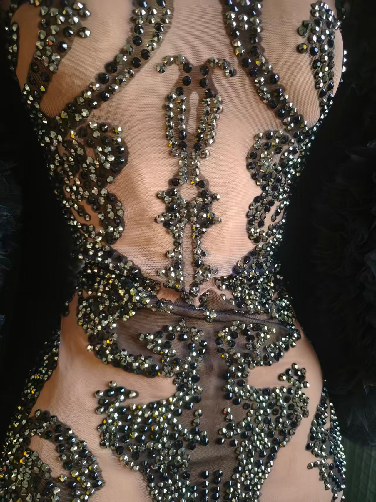 Monv Black Big Lace Sleeved Rhinestone Dress