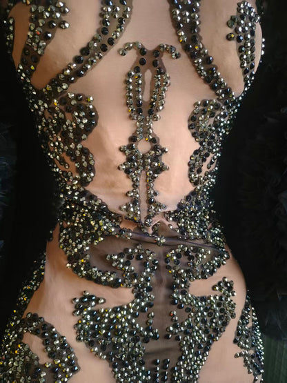 Monv Black Big Lace Sleeved Rhinestone Dress