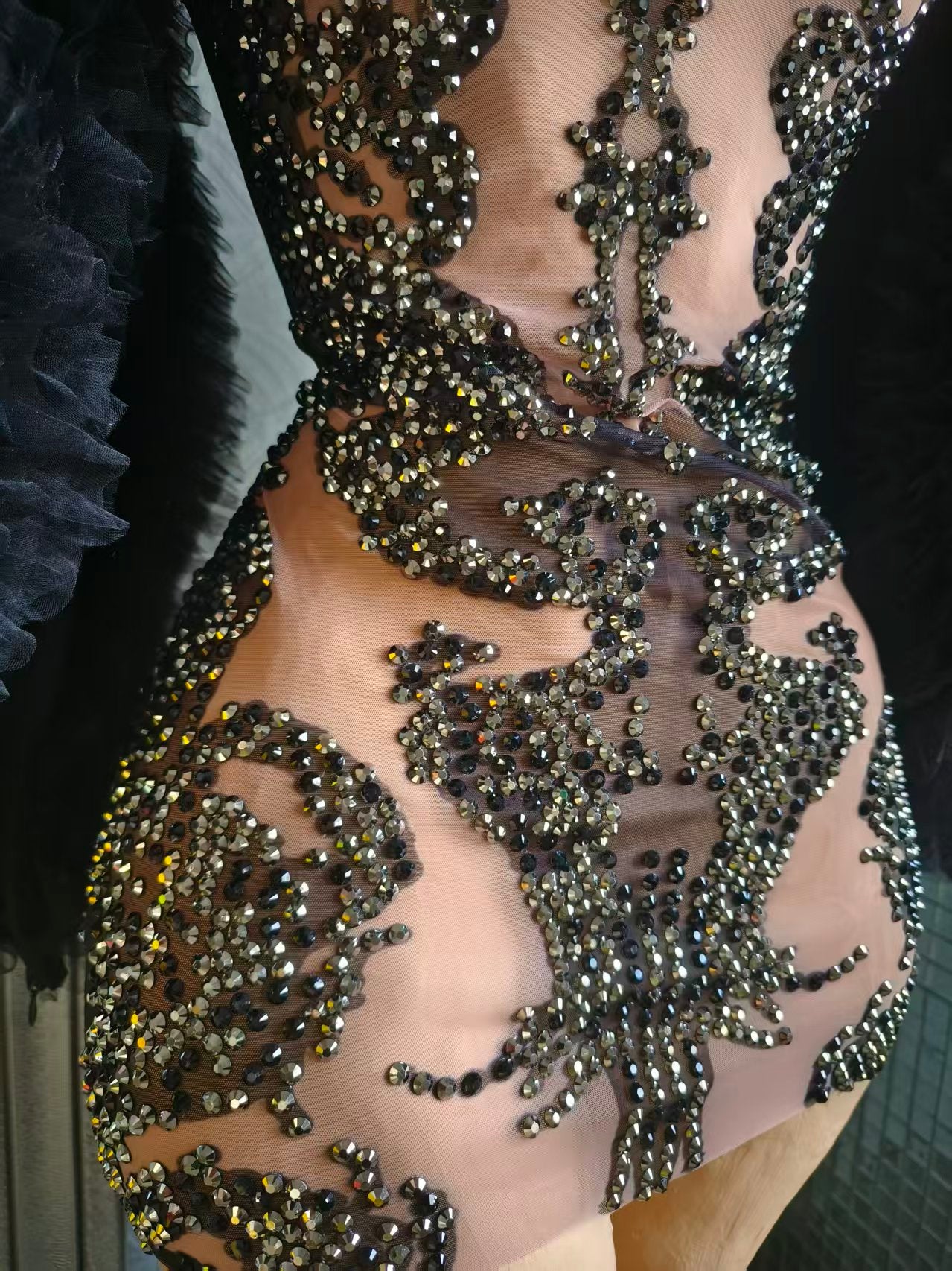 Monv Black Big Lace Sleeved Rhinestone Dress