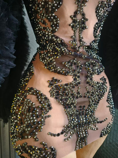 Monv Black Big Lace Sleeved Rhinestone Dress