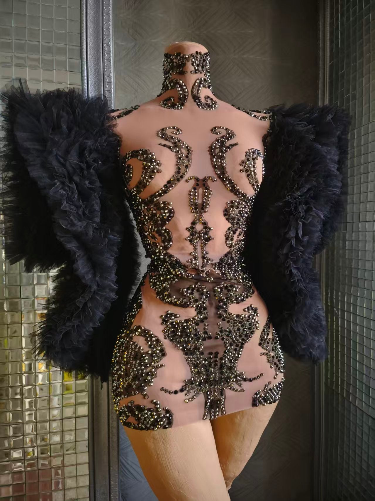 Monv Black Big Lace Sleeved Rhinestone Dress