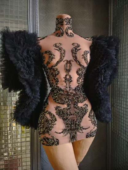 Monv Black Big Lace Sleeved Rhinestone Dress