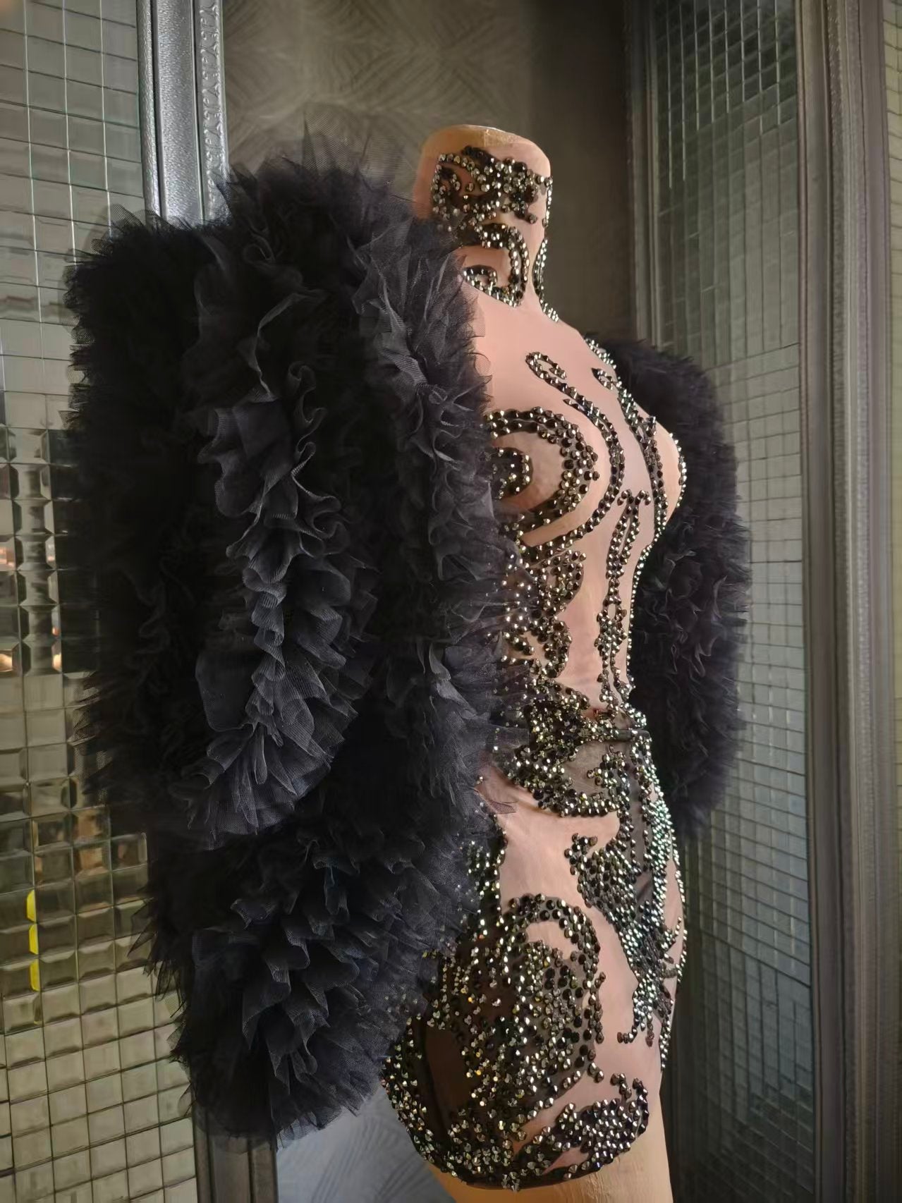 Monv Black Big Lace Sleeved Rhinestone Dress