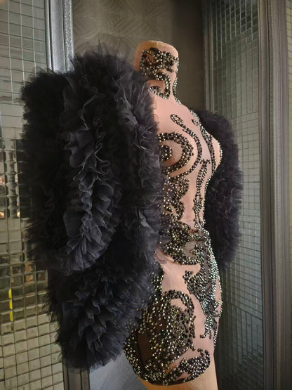 Monv Black Big Lace Sleeved Rhinestone Dress