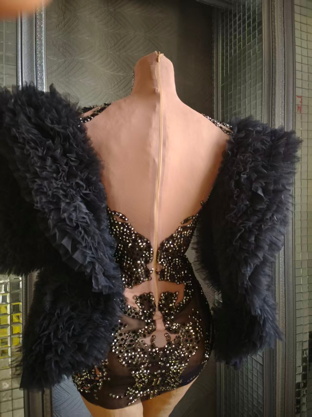 Monv Black Big Lace Sleeved Rhinestone Dress