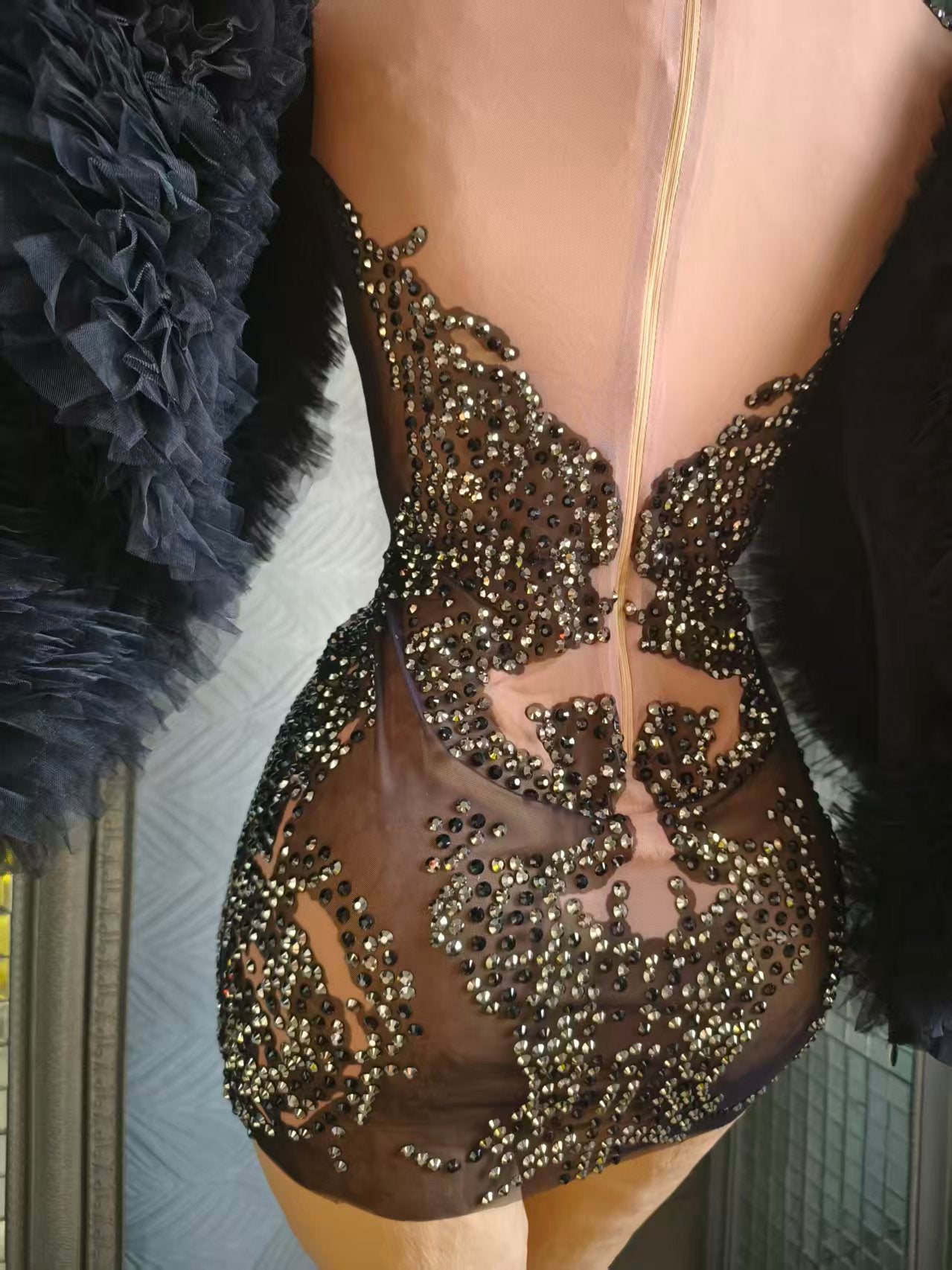 Monv Black Big Lace Sleeved Rhinestone Dress