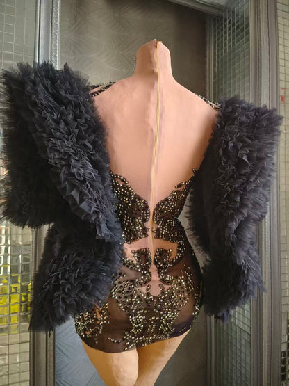 Monv Black Big Lace Sleeved Rhinestone Dress