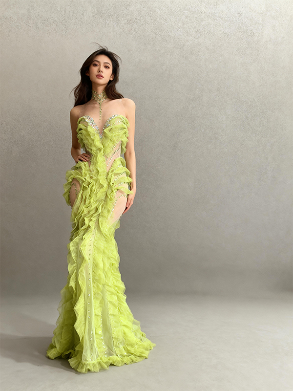 Shengcai Green Pleated Lace Rhinestone Party Dress