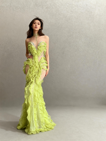 Shengcai Green Pleated Lace Rhinestone Party Dress