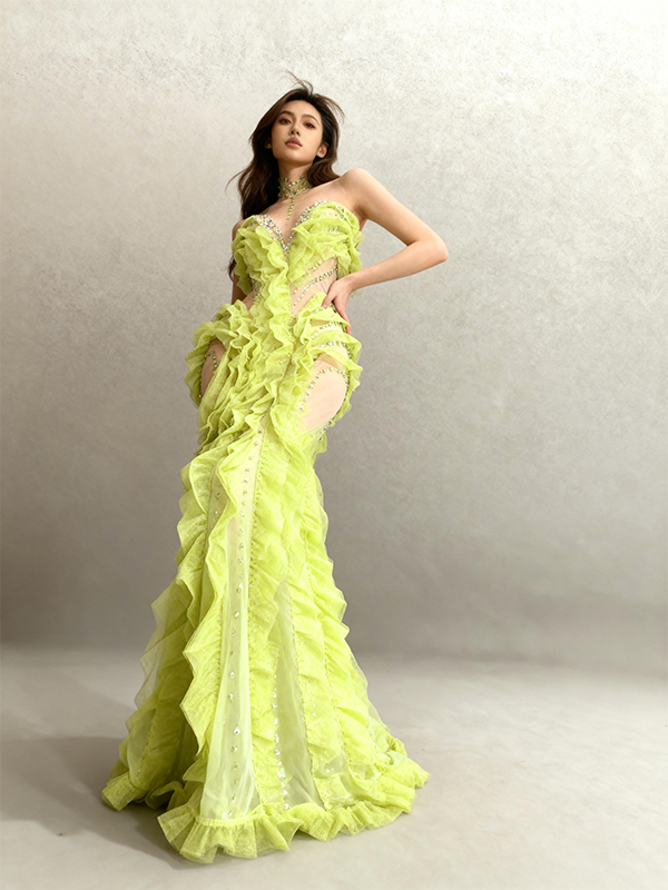 Shengcai Green Pleated Lace Rhinestone Party Dress