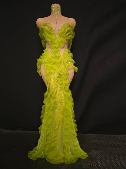 Shengcai Green Pleated Lace Rhinestone Party Dress