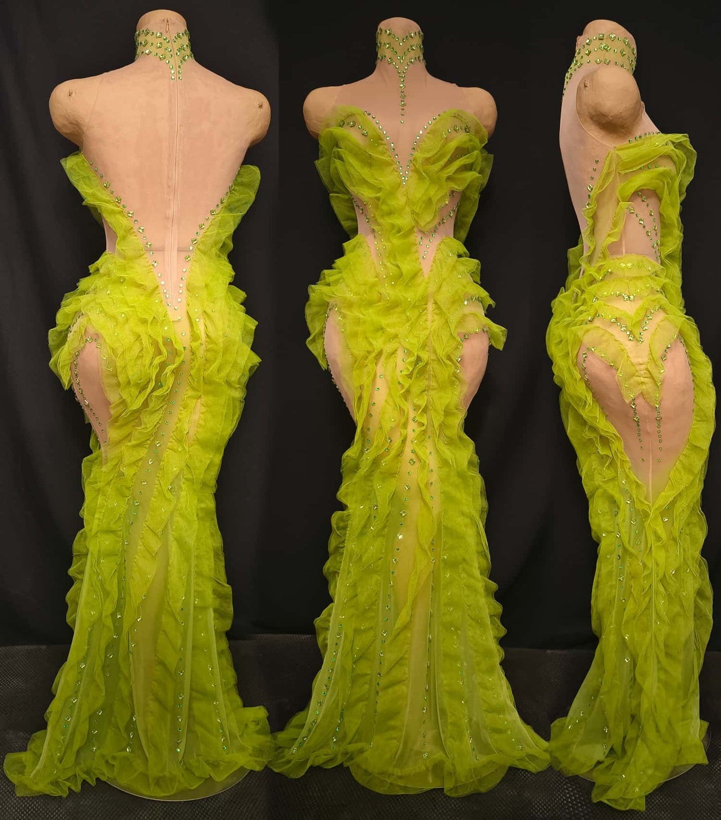 Shengcai Green Pleated Lace Rhinestone Party Dress