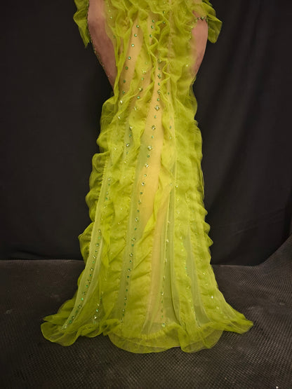 Shengcai Green Pleated Lace Rhinestone Party Dress