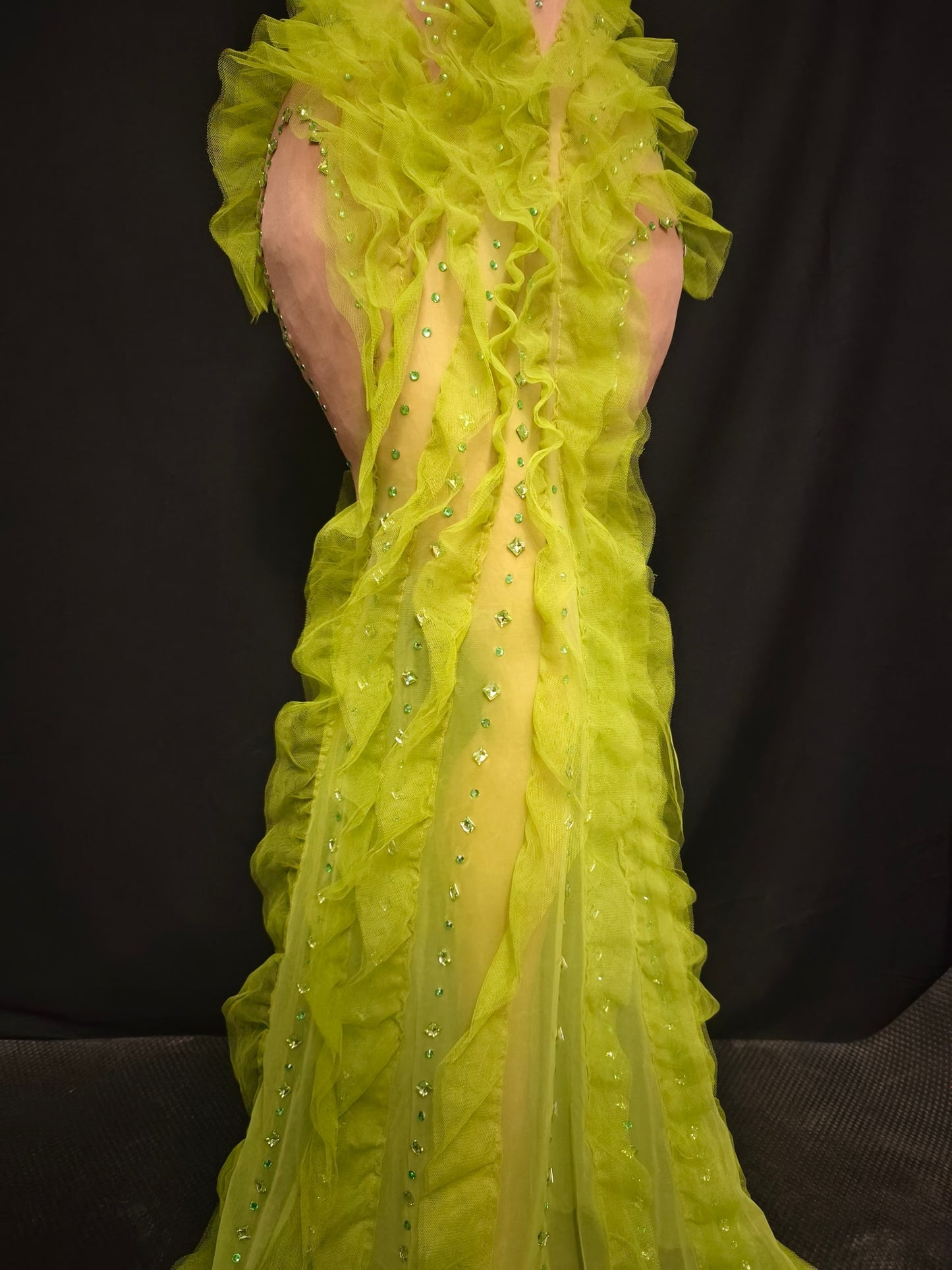 Shengcai Green Pleated Lace Rhinestone Party Dress