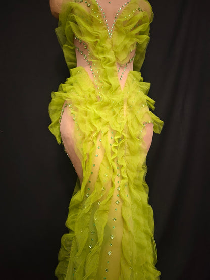 Shengcai Green Pleated Lace Rhinestone Party Dress