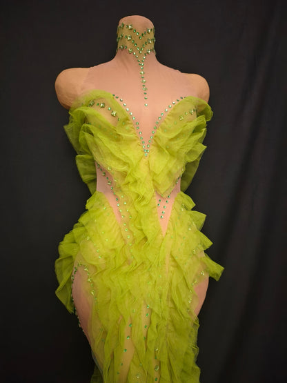 Shengcai Green Pleated Lace Rhinestone Party Dress