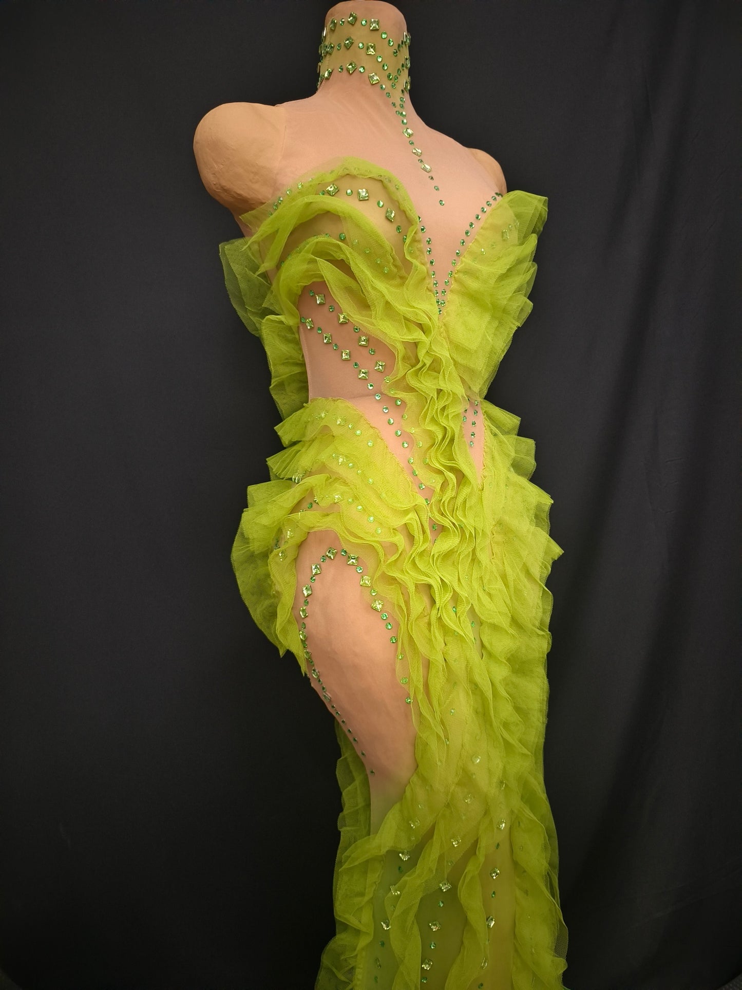 Shengcai Green Pleated Lace Rhinestone Party Dress