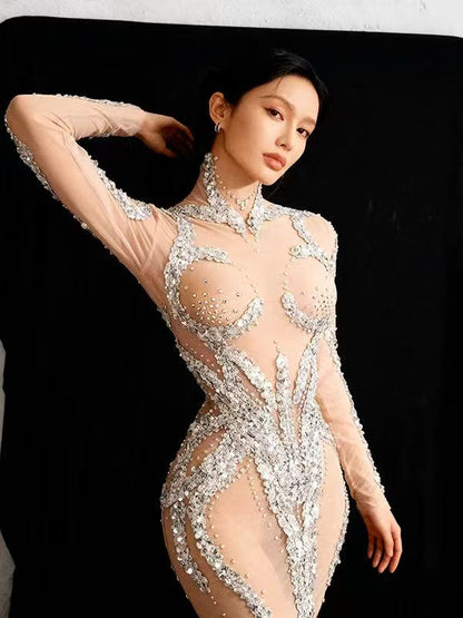 Yuanhuan Long Sleeved Sequined Rhinestone Short Dress