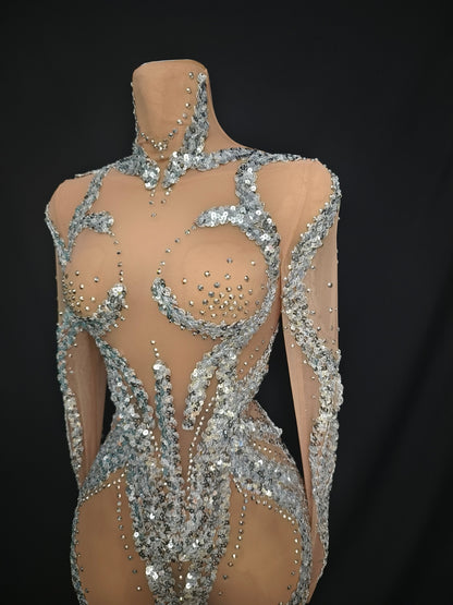 Yuanhuan Long Sleeved Sequined Rhinestone Short Dress