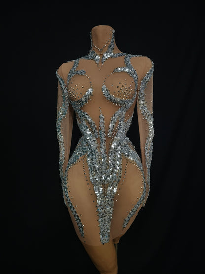 Yuanhuan Long Sleeved Sequined Rhinestone Short Dress