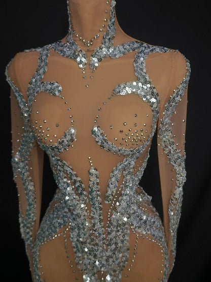 Yuanhuan Long Sleeved Sequined Rhinestone Short Dress