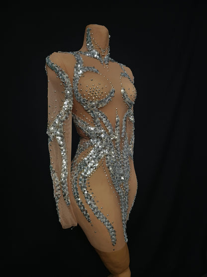 Yuanhuan Long Sleeved Sequined Rhinestone Short Dress