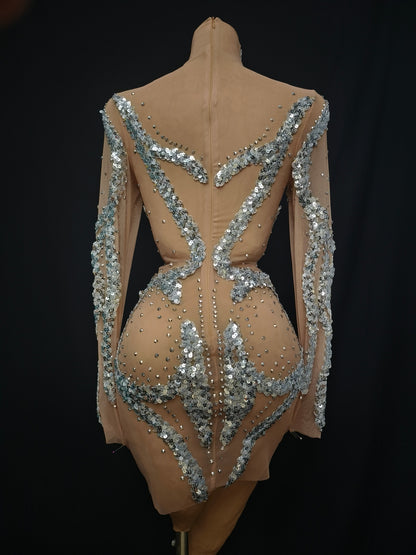 Yuanhuan Long Sleeved Sequined Rhinestone Short Dress