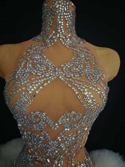 Xingyun White Lace Border Mesh Rhinestone Evening Gown