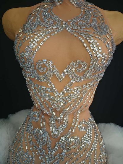 Xingyun White Lace Border Mesh Rhinestone Evening Gown