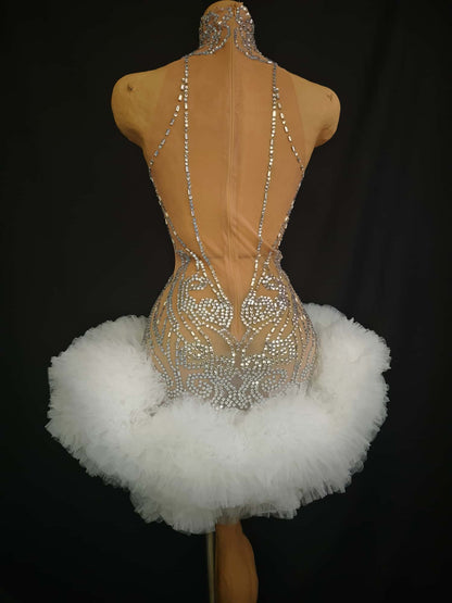 Xingyun White Lace Border Mesh Rhinestone Evening Gown