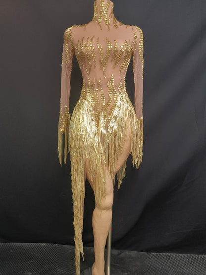 Reqi Gold Sequin Tassel Rhinestone Dress for Women