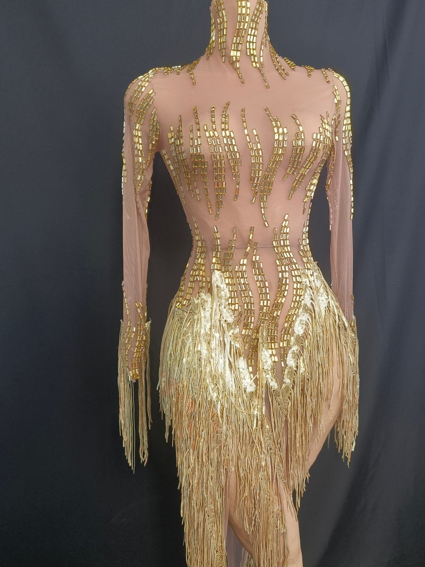 Reqi Gold Sequin Tassel Rhinestone Dress for Women