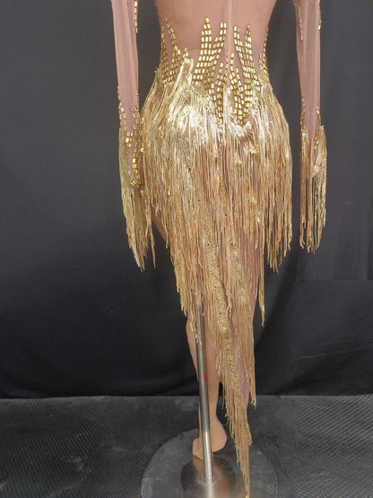 Reqi Gold Sequin Tassel Rhinestone Dress for Women