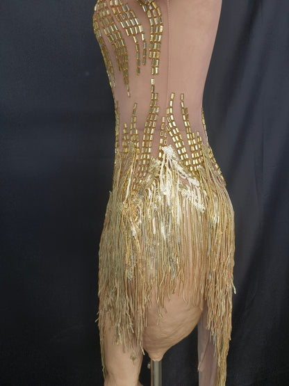 Reqi Gold Sequin Tassel Rhinestone Dress for Women