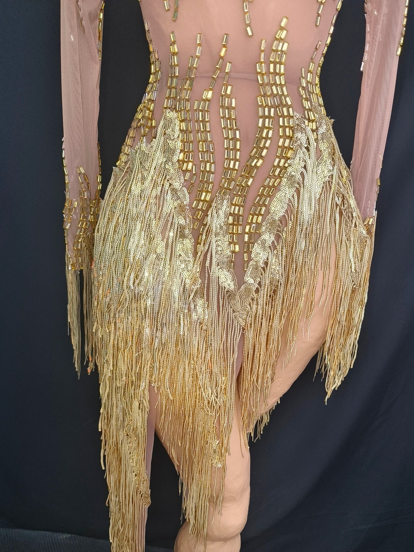 Reqi Gold Sequin Tassel Rhinestone Dress for Women