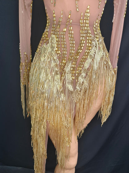Reqi Gold Sequin Tassel Rhinestone Dress for Women